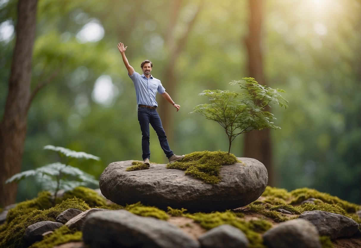 A figure balances on uneven ground, arms outstretched for stability. Rocks and foliage surround the scene