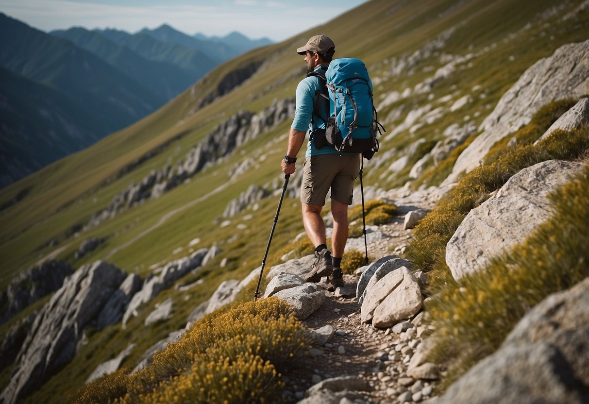 A hiker navigates a rocky trail, using trekking poles for balance. Uneven terrain presents challenges, but the hiker remains determined, following 7 tips for finding balance outdoors