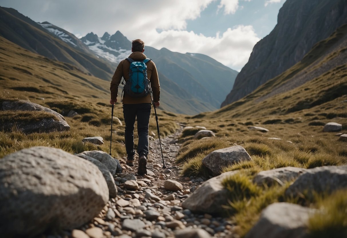 A person walks carefully on rocky terrain, using trekking poles for balance. The ground is uneven, with rocks and roots scattered across the path