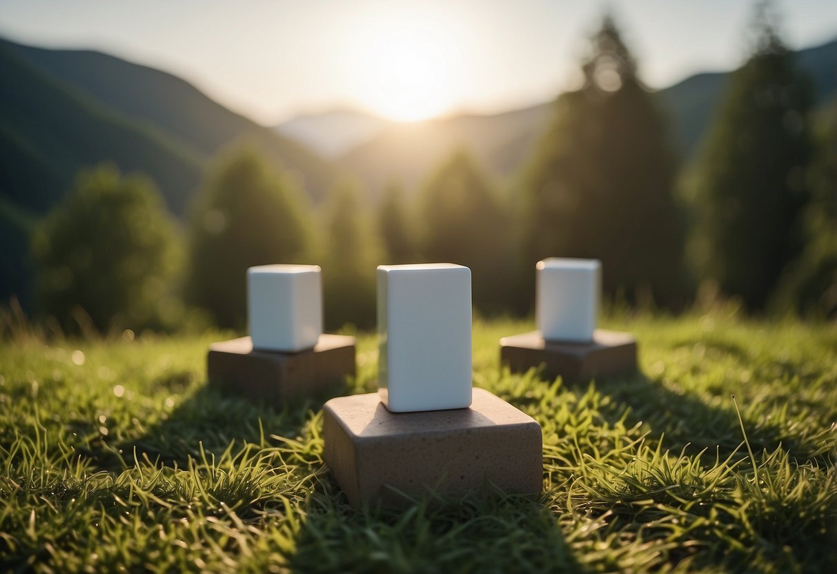 A serene outdoor setting with yoga blocks arranged on a grassy surface, surrounded by nature and natural light