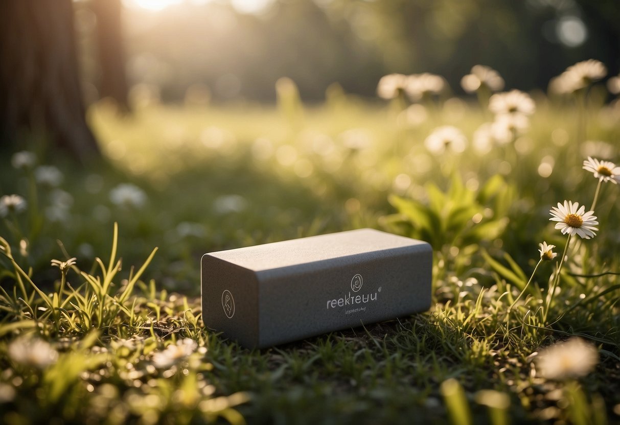 A serene outdoor setting with a Reehut Yoga Block placed on a grassy surface, surrounded by nature and sunlight