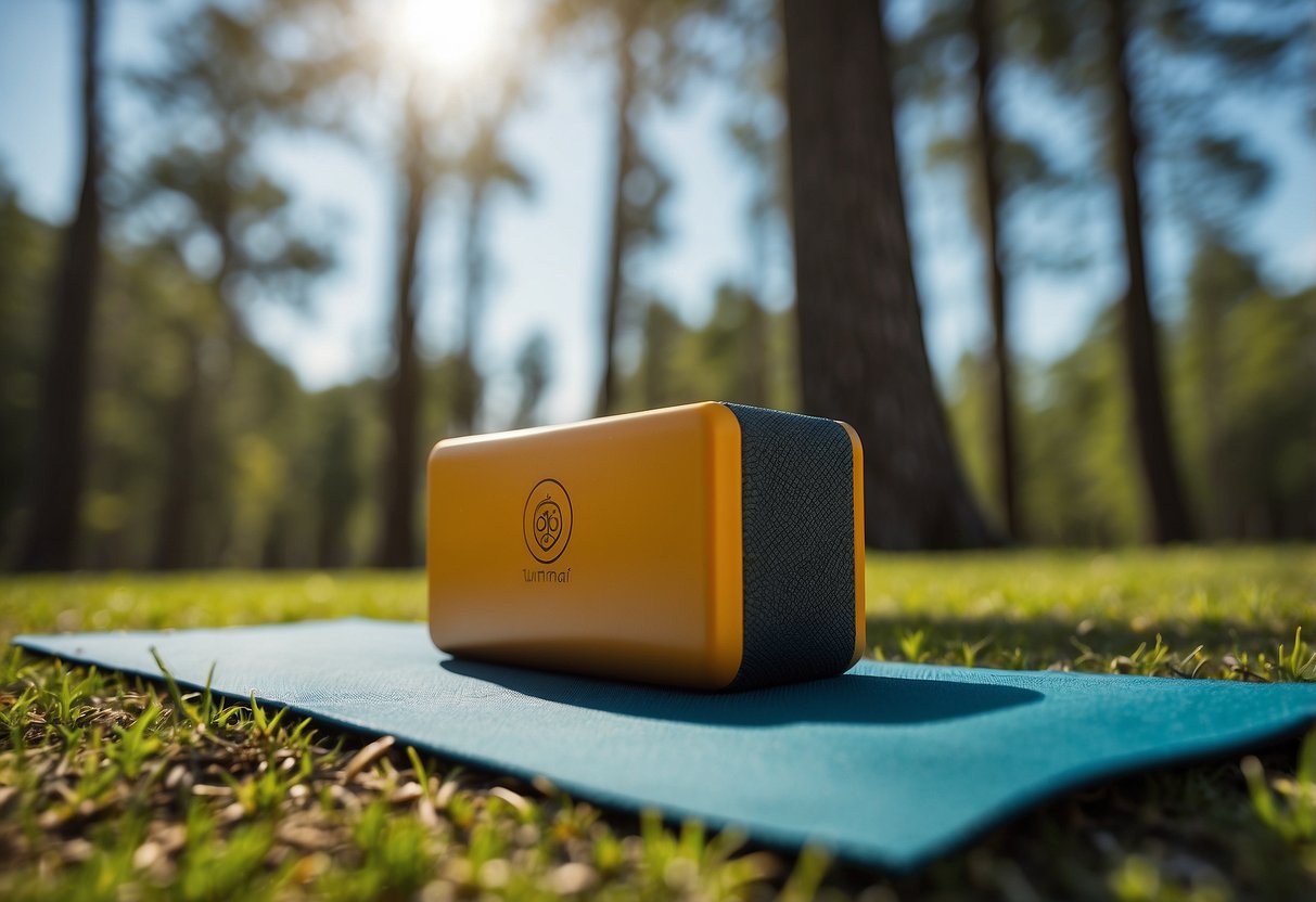 A Tumaz Yoga Block sits on a grassy outdoor yoga mat, surrounded by trees and under a clear blue sky