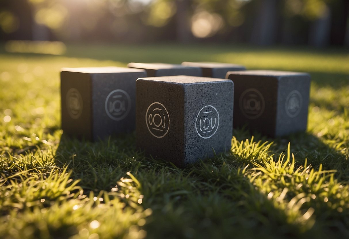 A set of LOAOL yoga blocks arranged on a grassy outdoor surface, with the sun shining down and a peaceful, natural backdrop