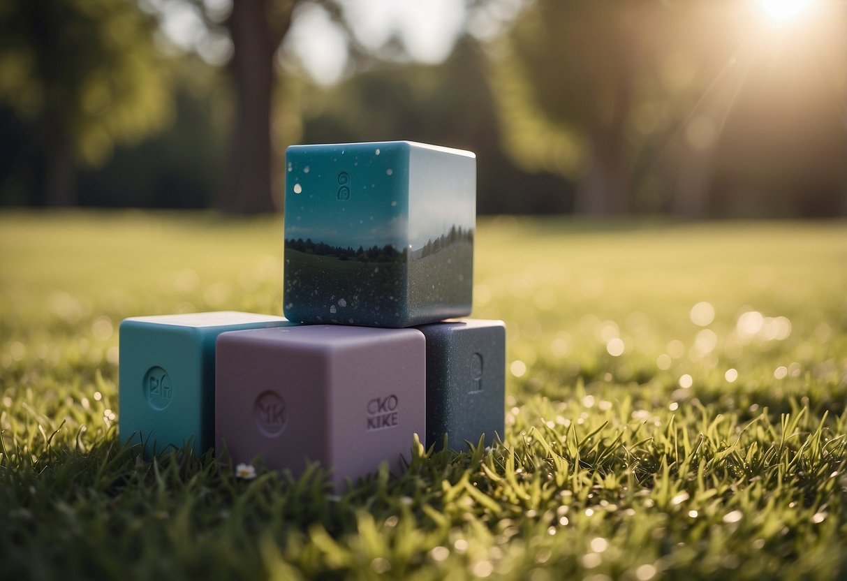 Yoga blocks placed on grass under a bright sky. Trees in the background. Sunshine and fresh air