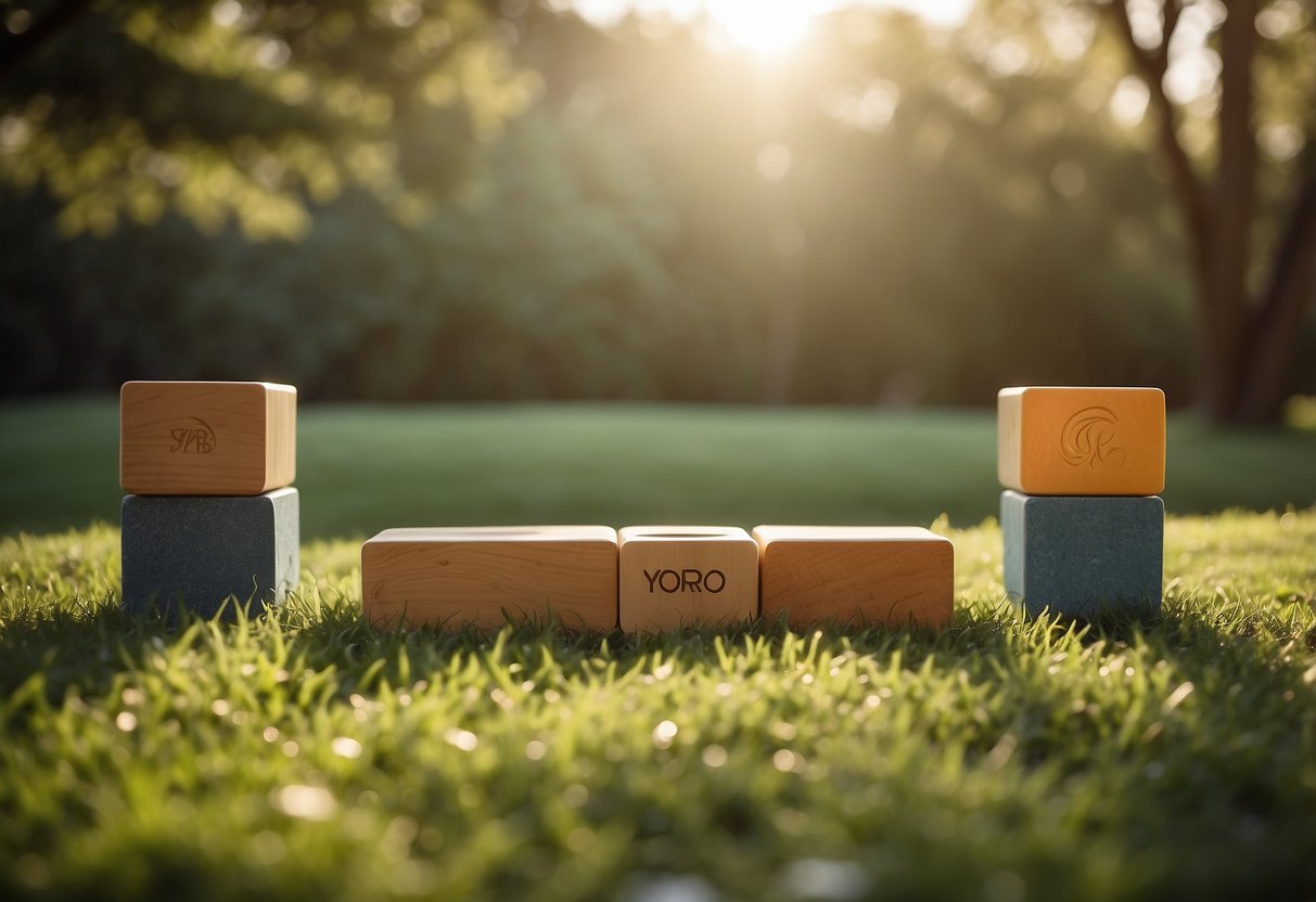 A serene outdoor setting with yoga blocks placed on a grassy surface, surrounded by nature and natural elements such as trees and sunlight