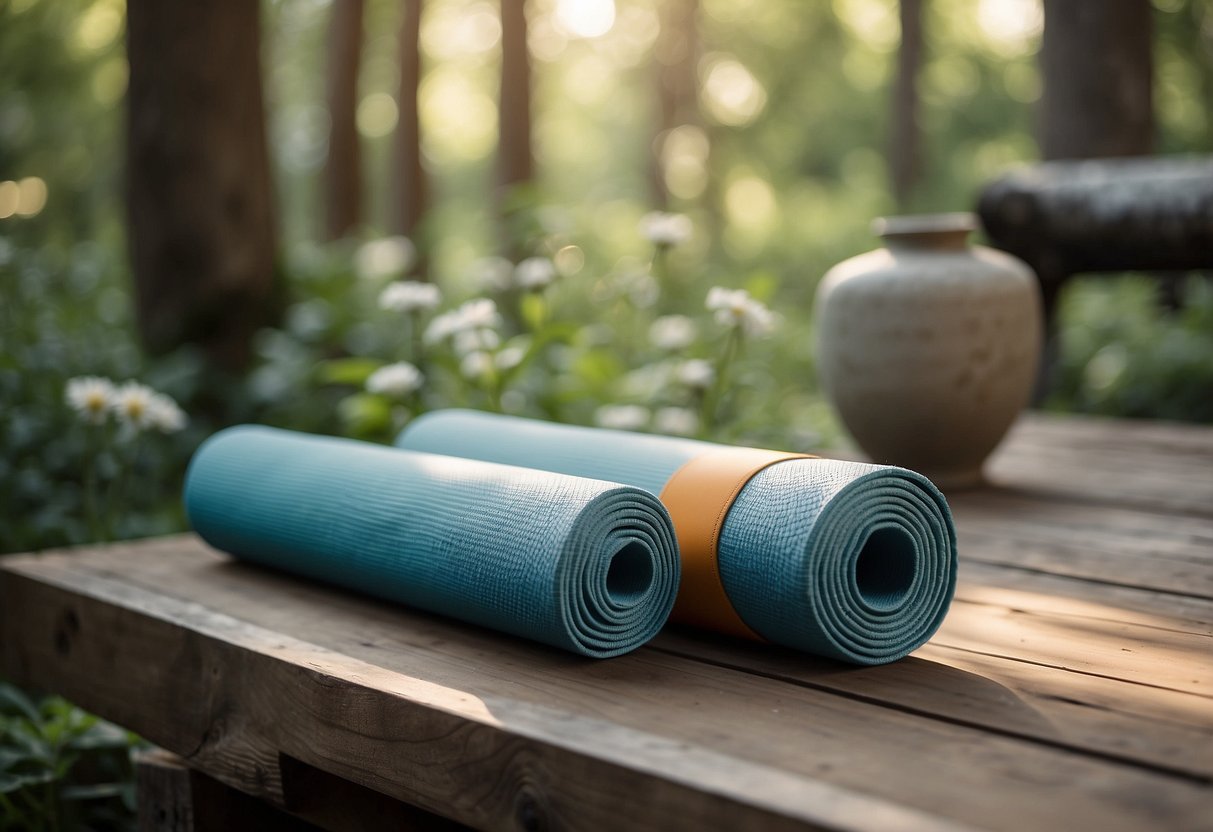 A serene outdoor setting with a yoga mat, surrounded by nature. A pair of yoga blocks placed strategically on the mat, ready for use