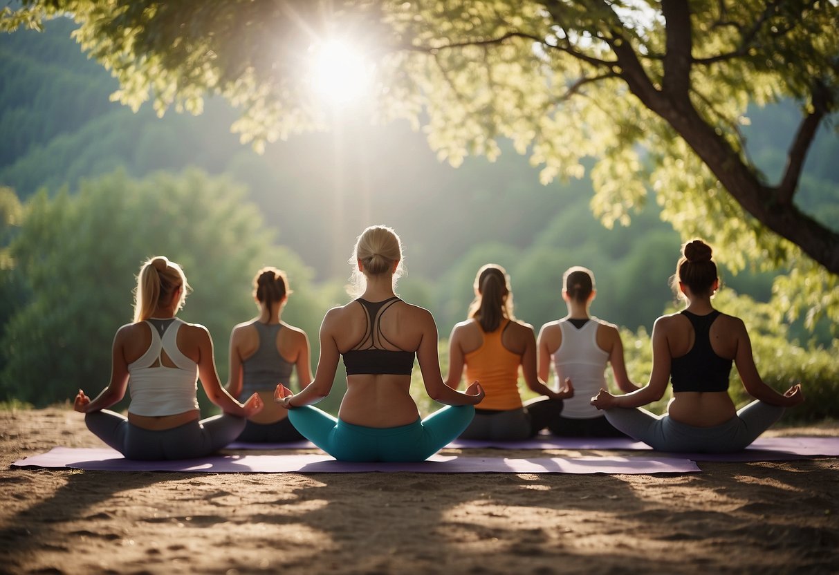 A group of yoga practitioners attempt challenging poses in a scenic outdoor setting, surrounded by nature and sunlight