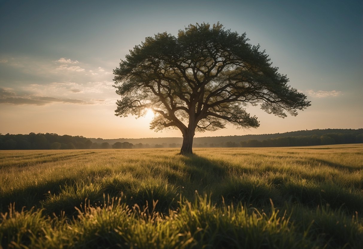 A lone tree stands tall and strong in a grassy field, its branches reaching towards the sky as if in a graceful yoga tree pose