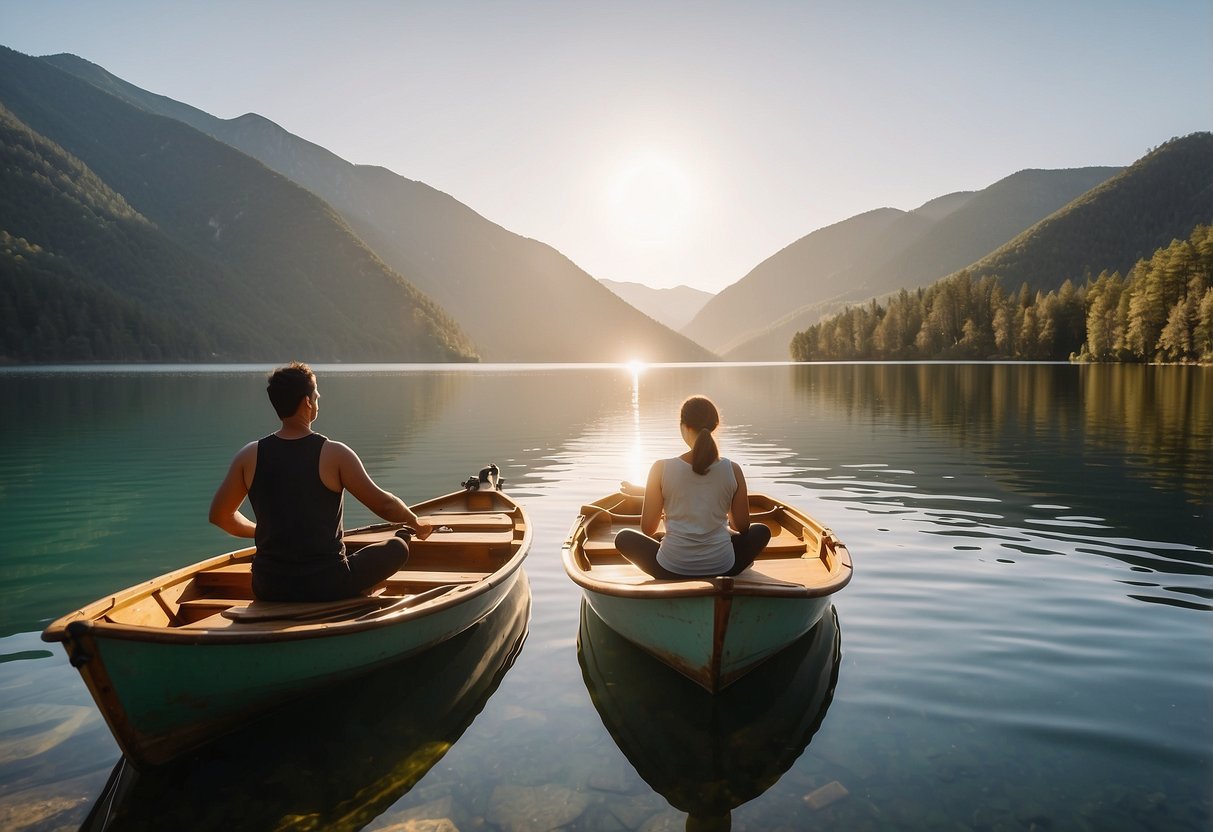 Two boats on calm water, side by side, with a person in each boat doing yoga poses. The sun is shining, and the surrounding scenery is serene and peaceful