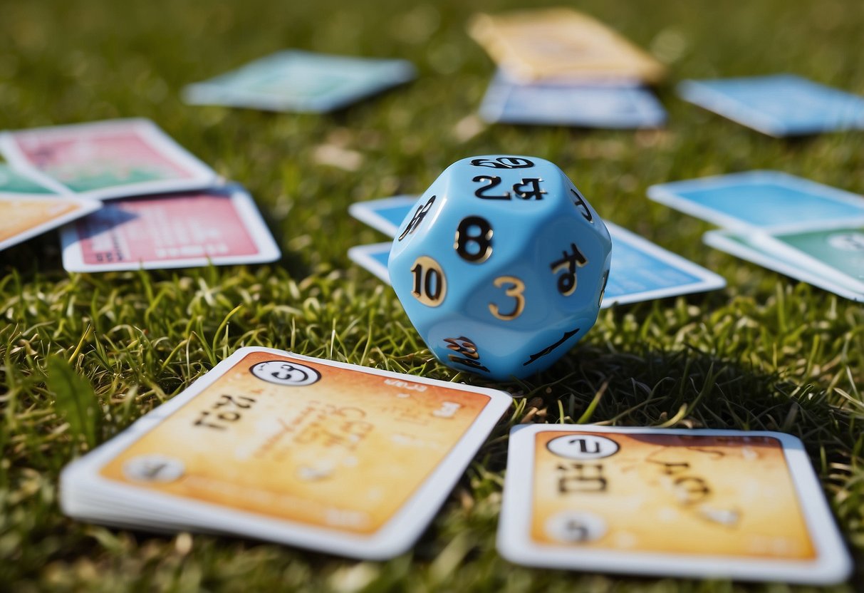 Yoga dice game set on grass with 10 challenge cards scattered around. Sun shines on the colorful dice and cards, surrounded by trees and blue sky