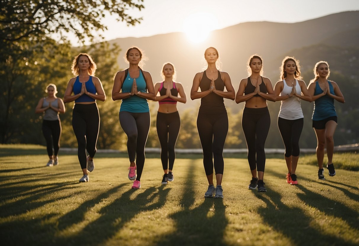 A group of people perform sun salutations in a relay race outdoors, with the sun shining and a scenic backdrop