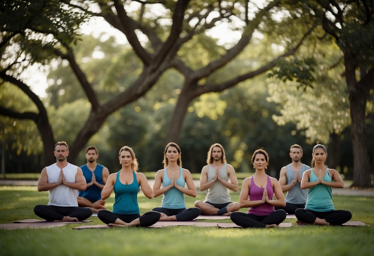 A group of yoga poses scattered across a park, with a tree as a focal point. Each pose is labeled with a number and a corresponding challenge