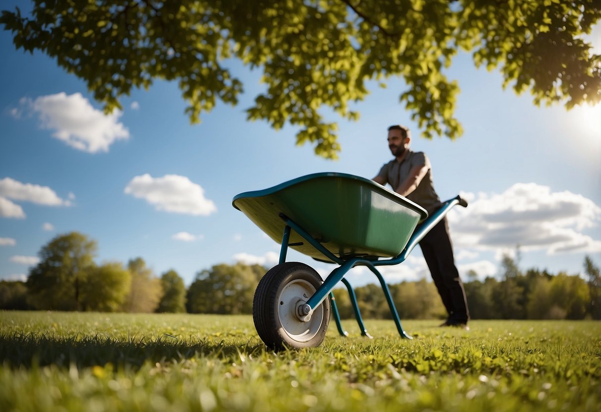 A wheelbarrow pose is held on a grassy field, surrounded by trees and under a bright blue sky. The yogi's body is balanced on their hands, with their legs lifted and extended behind them