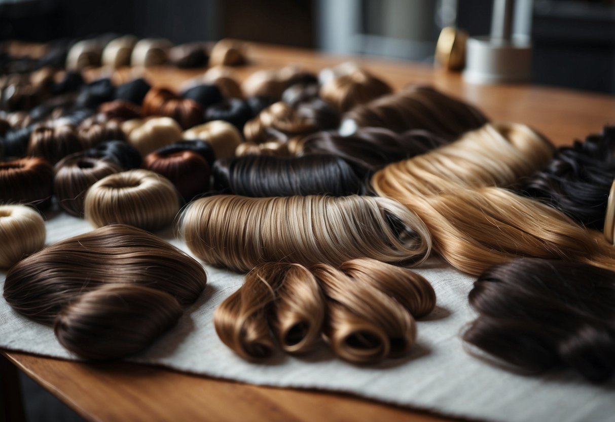 A table with various hair extension types laid out. A hand holds fusion extensions next to other types. Tools for installation are nearby