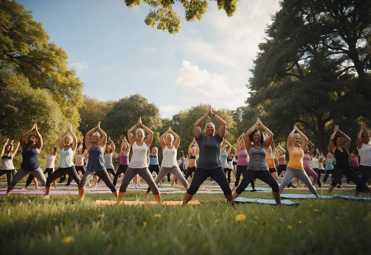 People gather in a park for an outdoor yoga dance-off. Participants challenge each other with fun yoga poses and movements in a lively and energetic atmosphere