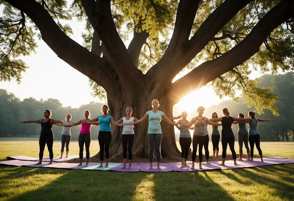 A circle of trees with roots intertwined, each tree standing tall and strong in a group tree pose. The sun shines down on the peaceful outdoor yoga challenge