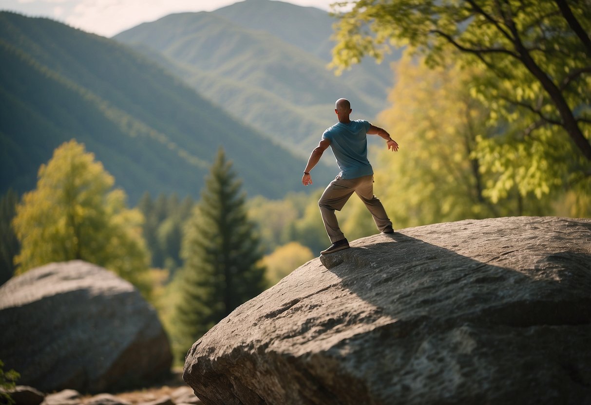 A figure balances on a large rock in warrior pose, surrounded by nature. The setting is serene, with trees and mountains in the background