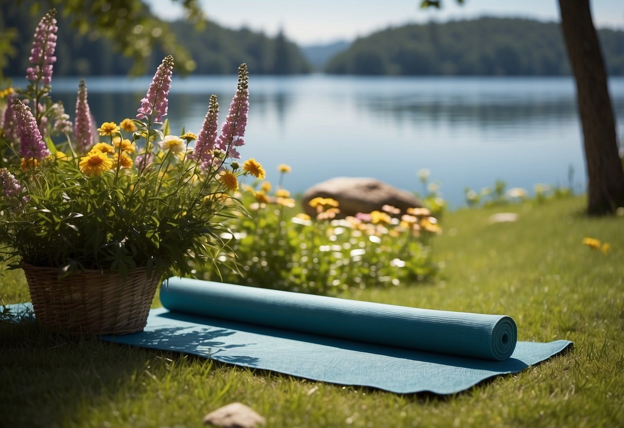 A serene outdoor setting with a clear blue sky, lush green grass, and a peaceful lake in the background. A yoga mat is laid out on the ground, surrounded by tall trees and colorful flowers