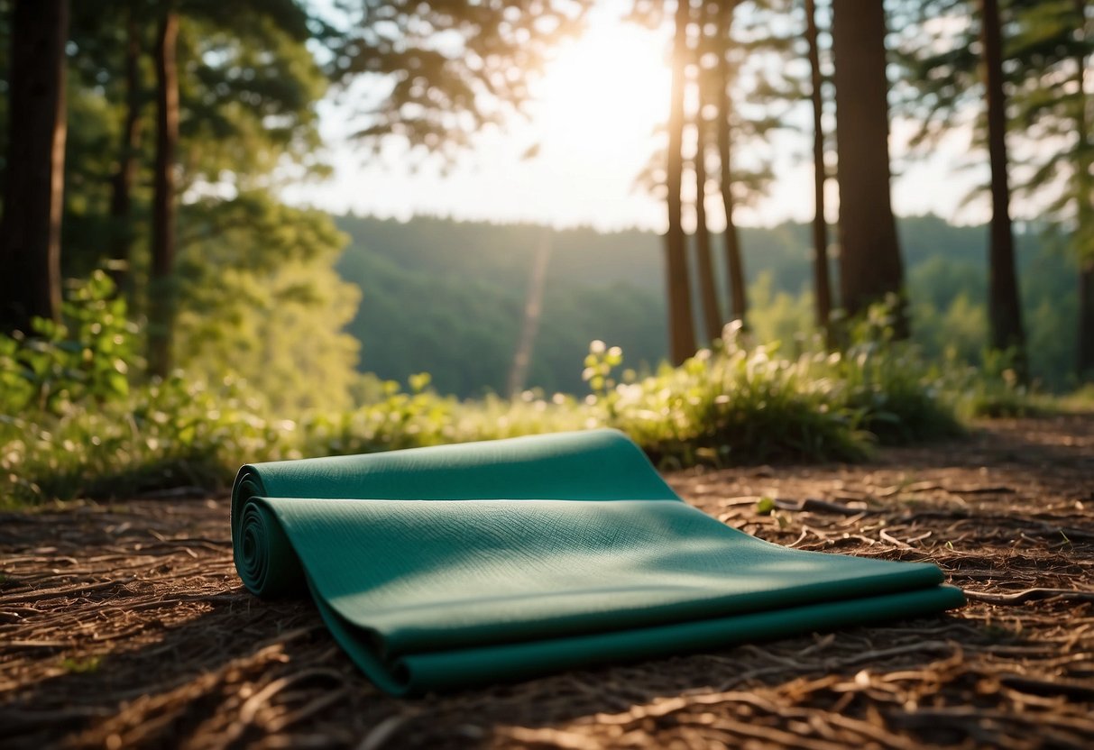 Yoga mat laid out in a peaceful forest clearing. Tall trees surround, with a gentle stream nearby. Sunlight filters through the branches, creating a serene atmosphere. Wildlife may be seen in the distance