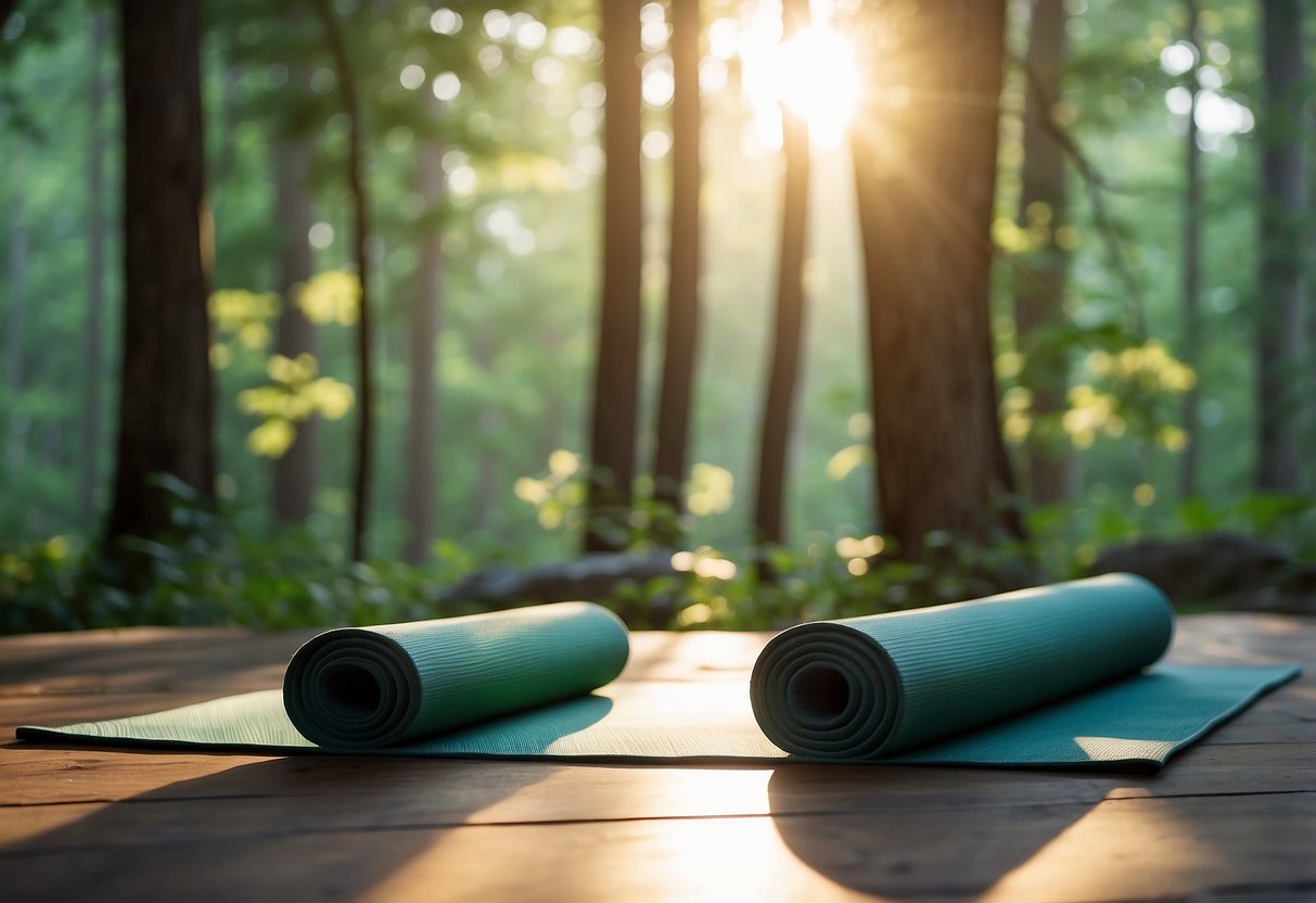 Yoga mat surrounded by forest, with a bear in the background. Sunlight streaming through the trees, creating a peaceful and serene atmosphere