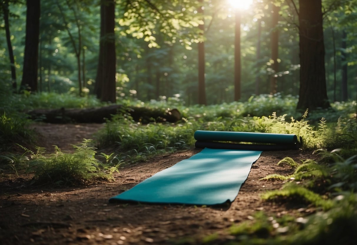 A serene forest clearing with a yoga mat laid out, surrounded by tall trees and a peaceful stream nearby. Birdsong fills the air as the sun filters through the leaves