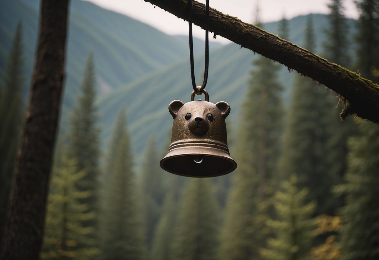 A bear bell hangs from a backpack in a serene forest clearing, surrounded by tall trees and a distant mountain range