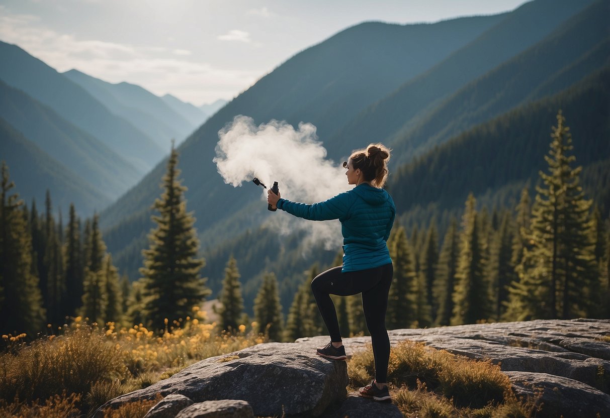 A person in a yoga pose with bear spray nearby, surrounded by forest and mountains