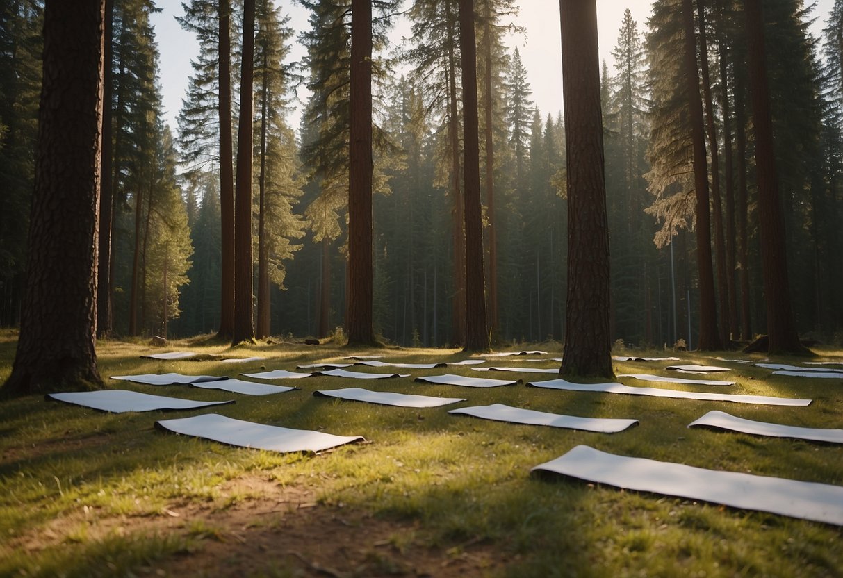 Yoga mats laid out in a clearing surrounded by tall trees. A bear wanders in the background as a group of yogis practice their poses