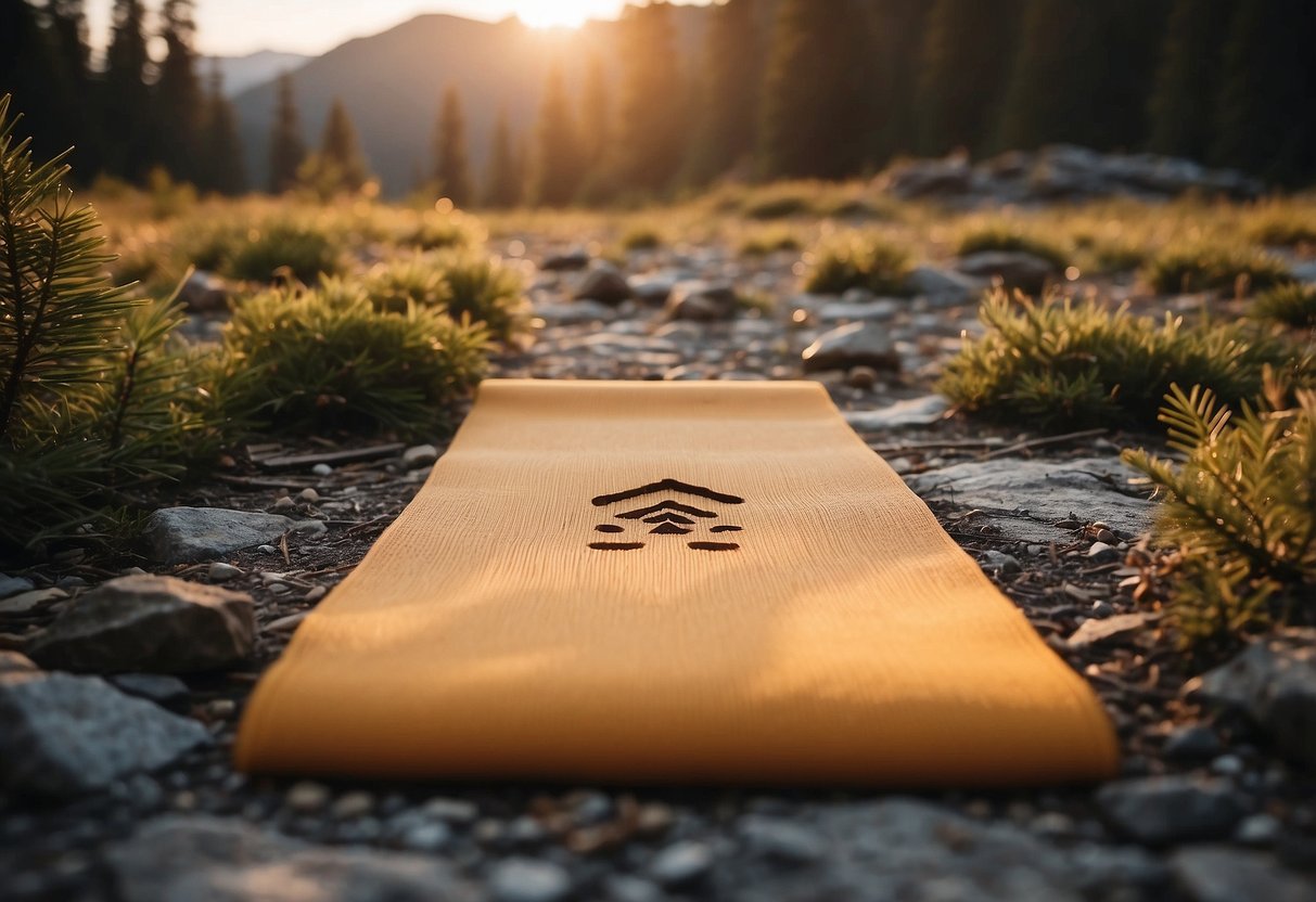 Yoga mat surrounded by bear tracks, pine trees, and caution signs. No strong scents. Sunrise over mountains in the background