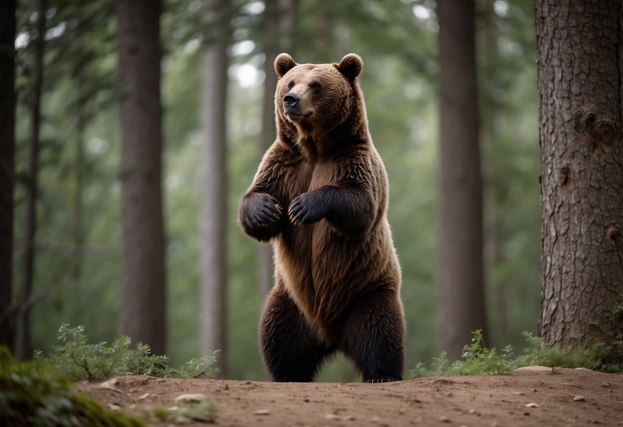 A bear stands on hind legs, surrounded by trees. It roars loudly to announce its presence in the yoga practitioner's path