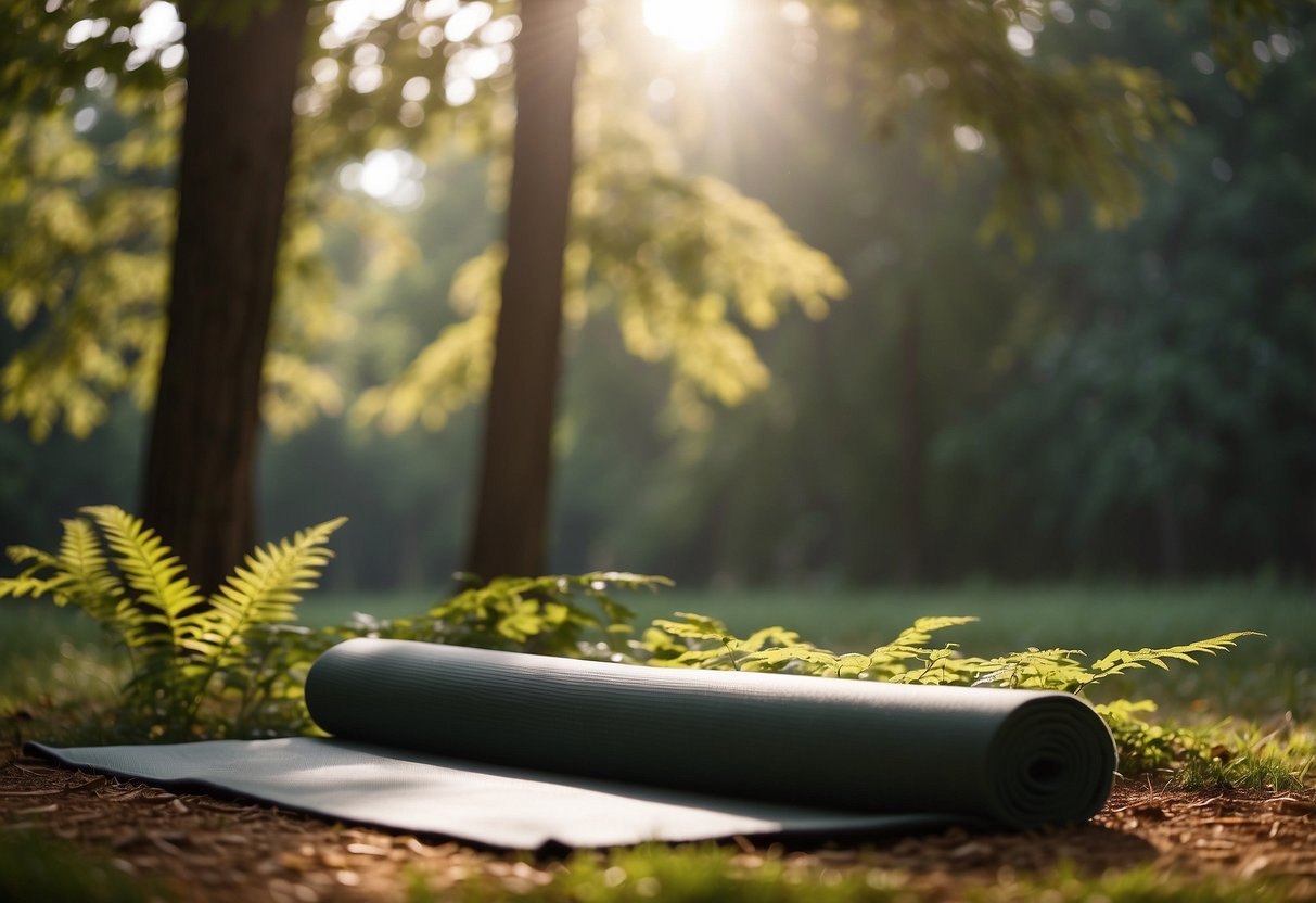 Yoga mat laid out in a clearing, surrounded by tall trees. Sunlight filters through the leaves. A peaceful, serene atmosphere with birds chirping in the background