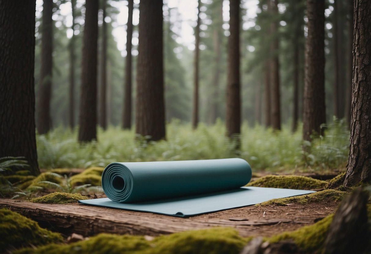 A serene forest clearing, with a yoga mat laid out on the ground surrounded by tall trees. A sign nearby lists 7 tips for practicing yoga in bear country