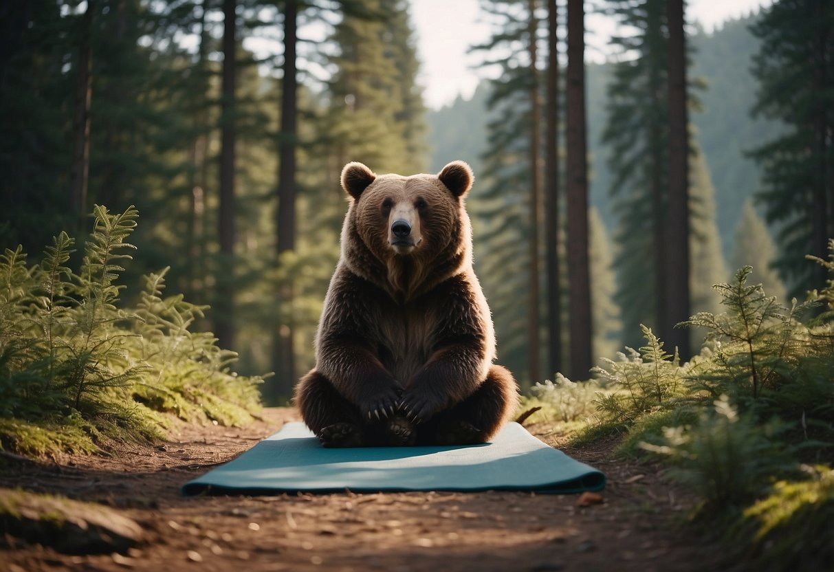 A serene forest clearing with a yoga mat laid out, surrounded by tall trees and a distant view of a bear foraging for food