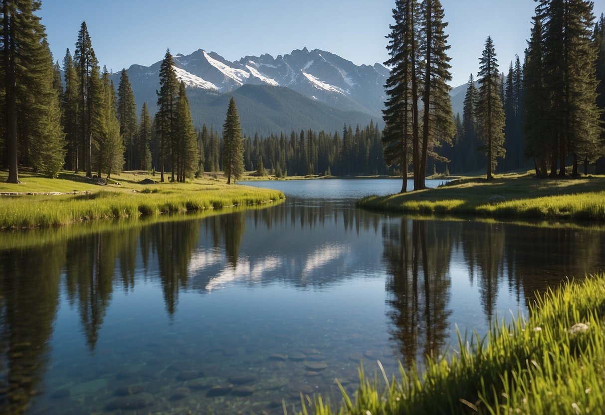 Lush green meadows with a backdrop of snow-capped mountains. A serene lake glistens in the distance, surrounded by tall pine trees. A clear blue sky overhead