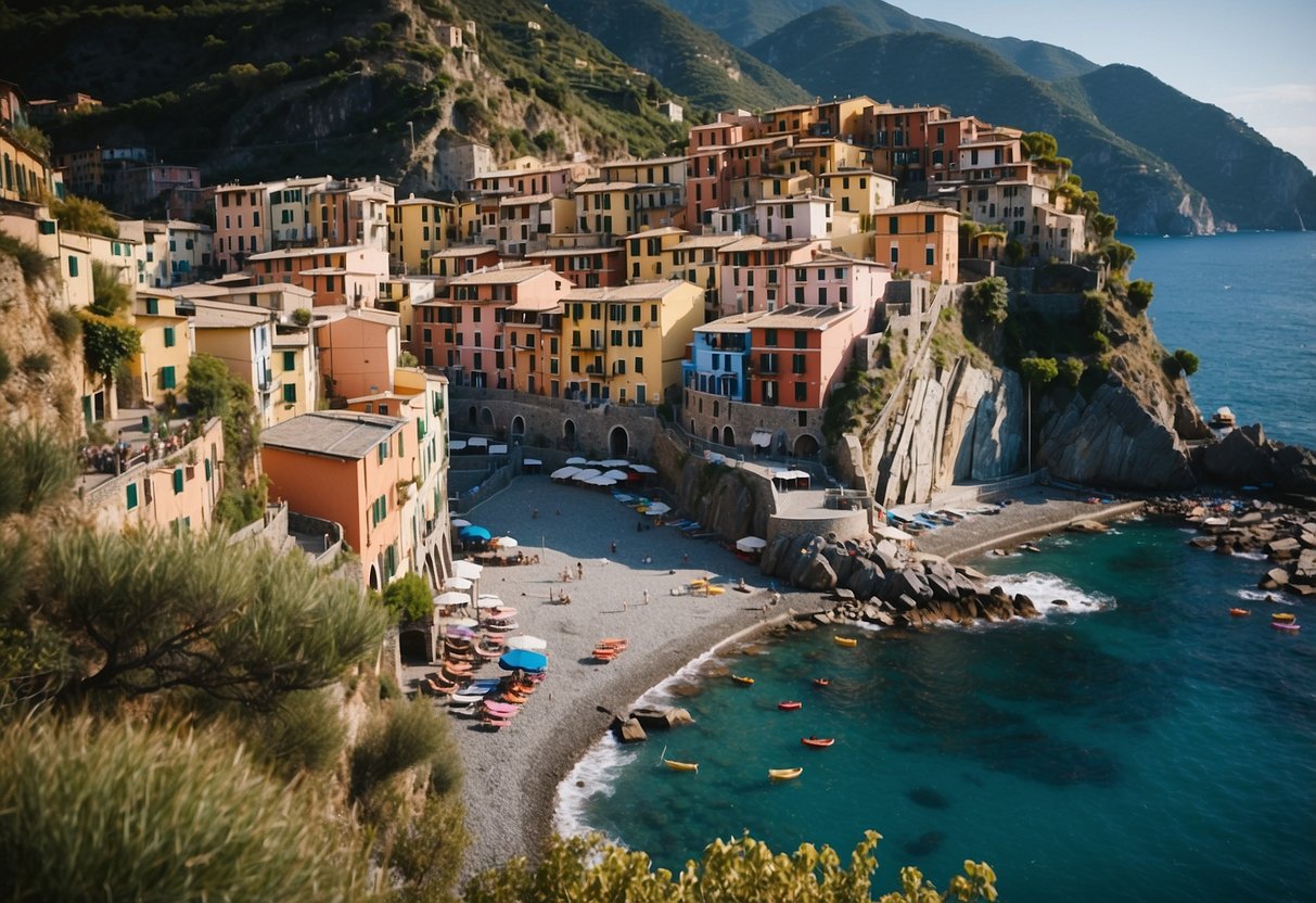 A serene coastal landscape with colorful buildings nestled into the cliffs, overlooking the clear blue waters of Cinque Terre, Italy