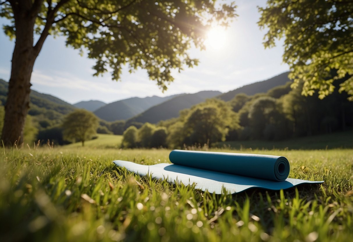 A serene meadow with a clear blue sky, surrounded by lush green trees and a gentle stream. A yoga mat is laid out on the grass, with a view of rolling hills in the distance