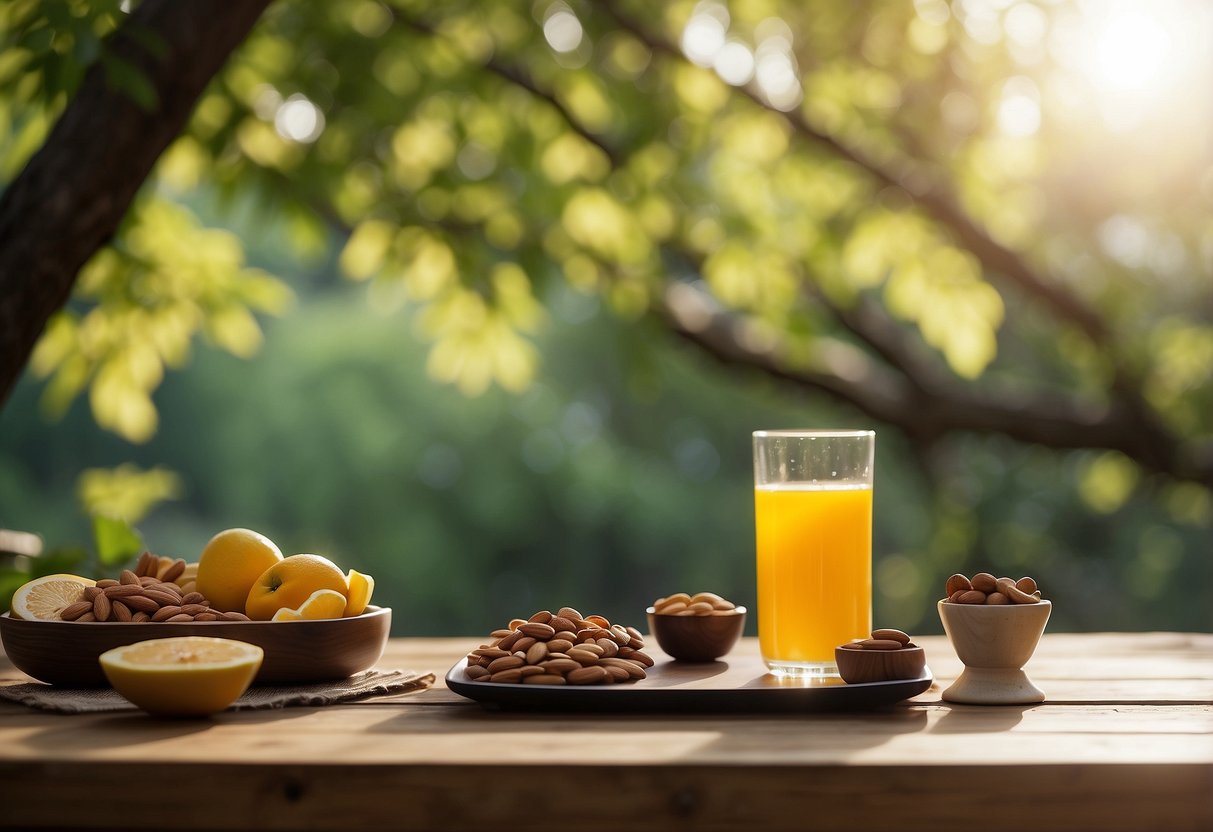 A serene outdoor setting with a yoga mat surrounded by trees and greenery. A small table holds a variety of lightweight snacks like fruits, nuts, and energy bars. Sunshine filters through the leaves, creating a peaceful and inviting atmosphere