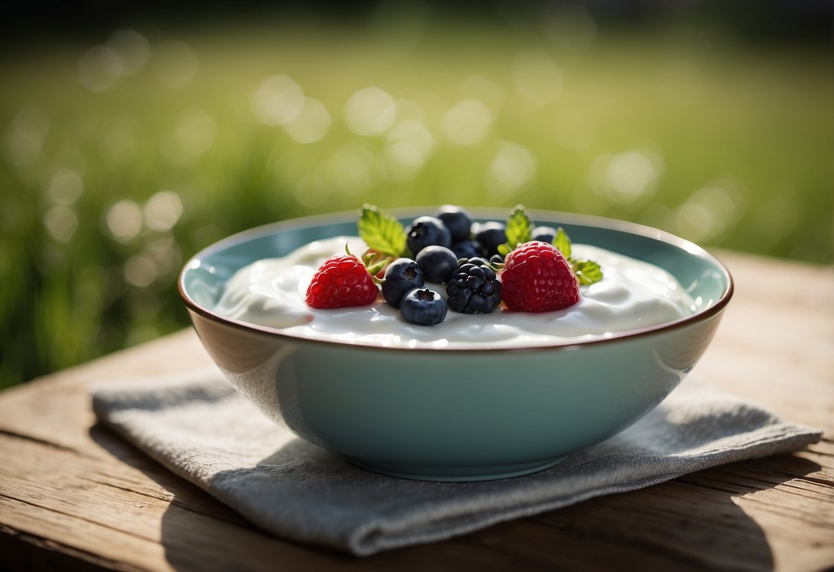 A bowl of Greek yogurt topped with fresh berries sits on a wooden table surrounded by green grass and a yoga mat