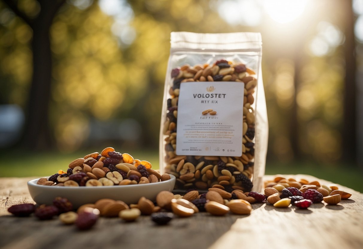 A bag of trail mix spills out onto a yoga mat, filled with nuts and dried fruit. The sun shines down on the outdoor setting, creating a serene atmosphere for a yoga session