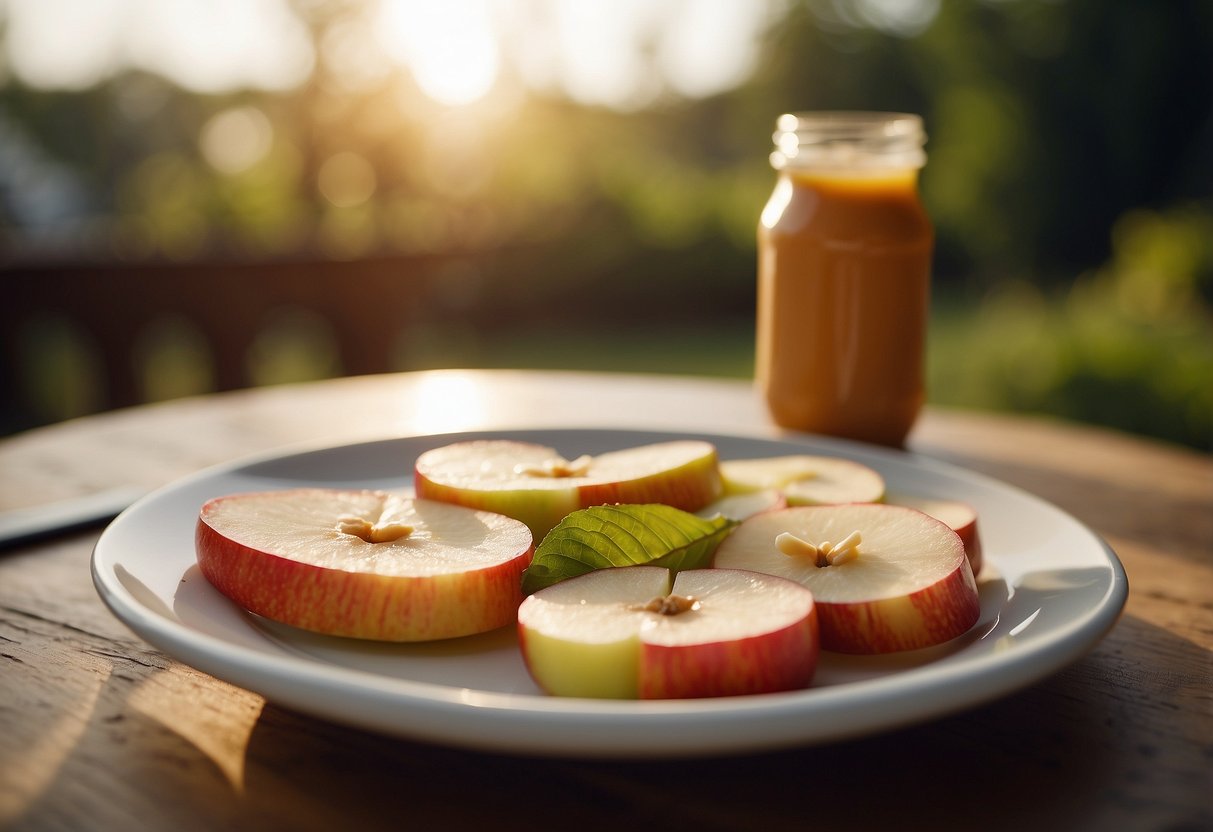 A plate of apple slices with a dollop of peanut butter, set against a backdrop of a serene outdoor yoga session