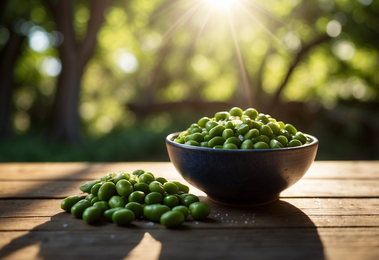 A bowl of edamame sits on a wooden table, sprinkled with sea salt. Sunlight filters through the leaves of nearby trees, casting dappled shadows on the snack