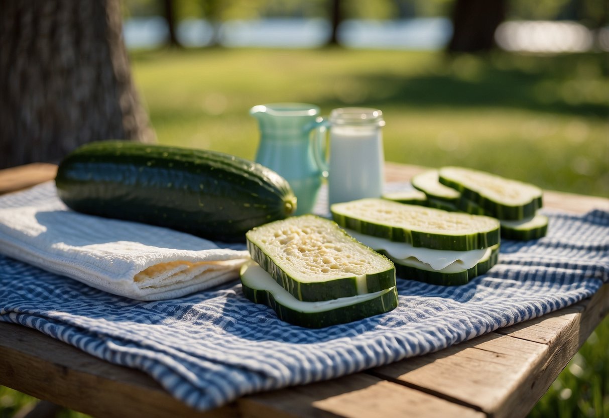 A picnic blanket with cucumber and cream cheese sandwiches laid out next to a water bottle and yoga mat, surrounded by trees and sunlight