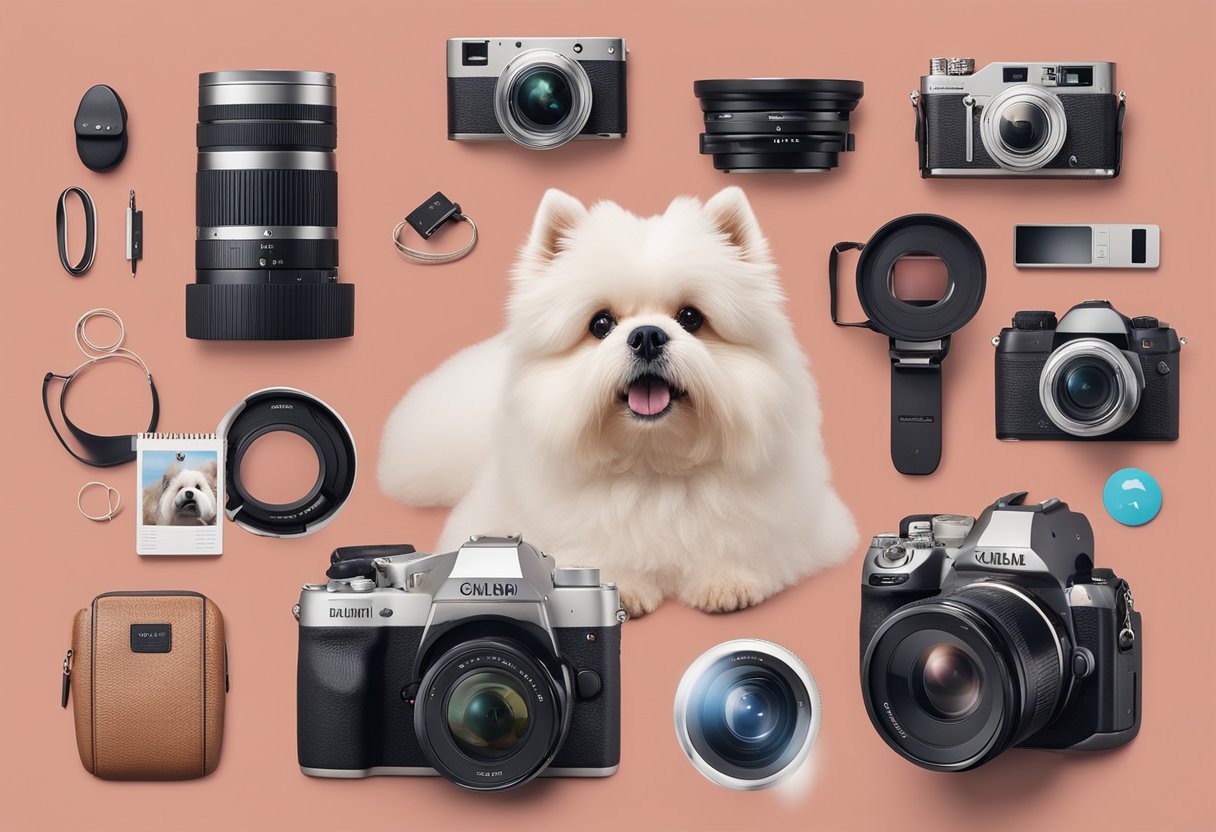 A fluffy dog sits in front of a camera, wearing trendy accessories and posing with a product. A social media feed shows followers engaging with cute photos and videos