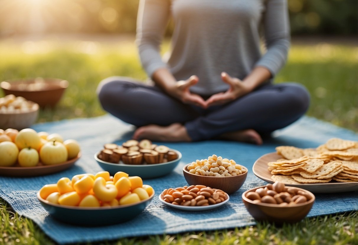 A serene outdoor yoga session with a variety of lightweight snacks spread out on a colorful mat. The sun is shining, birds are chirping, and the atmosphere is peaceful and relaxing