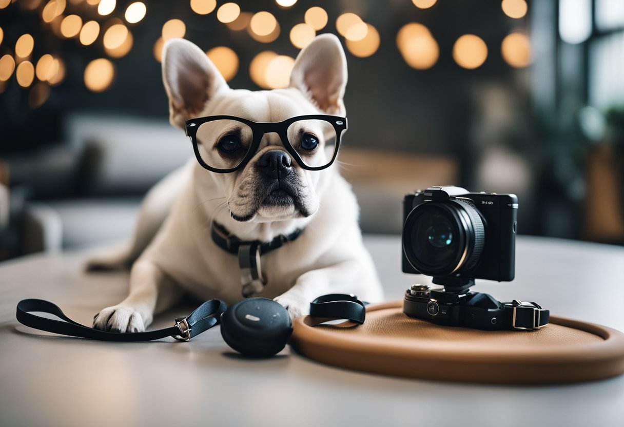 A stylish dog poses with trendy accessories, surrounded by branded products and a smartphone capturing the perfect shot