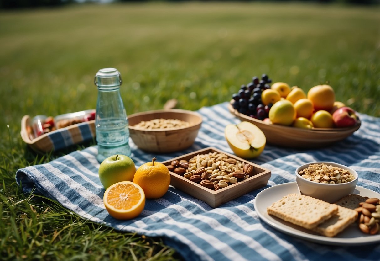 A picnic blanket spread with an assortment of fresh fruits, nuts, and granola bars. A water bottle and a small container of hummus and veggies sit nearby. The backdrop is a lush green field with a clear blue sky