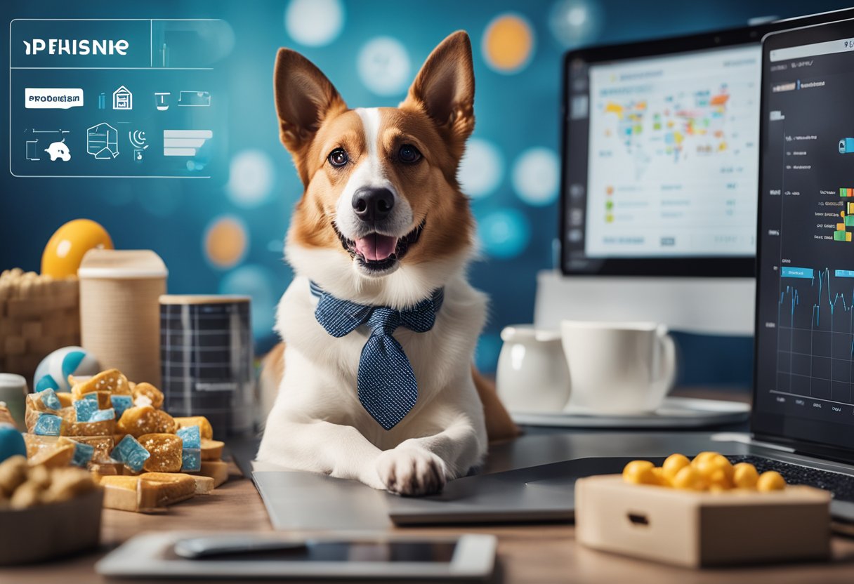 A dog confidently poses with a branded product, surrounded by engagement-boosting props like toys and treats. A laptop and social media analytics chart in the background