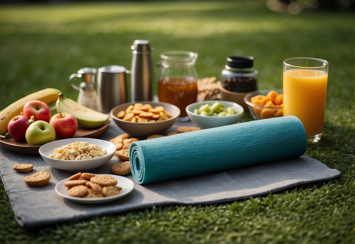 A yoga mat laid out on lush green grass with a selection of 10 lightweight snacks neatly arranged in portion-controlled servings, surrounded by the serene outdoor setting