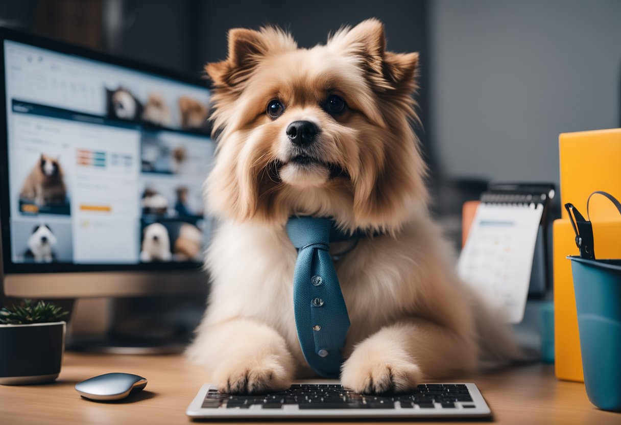 A fluffy dog sits in front of a camera, surrounded by branded products. A laptop displays social media analytics and content calendars. A person off-screen directs the dog's poses and expressions