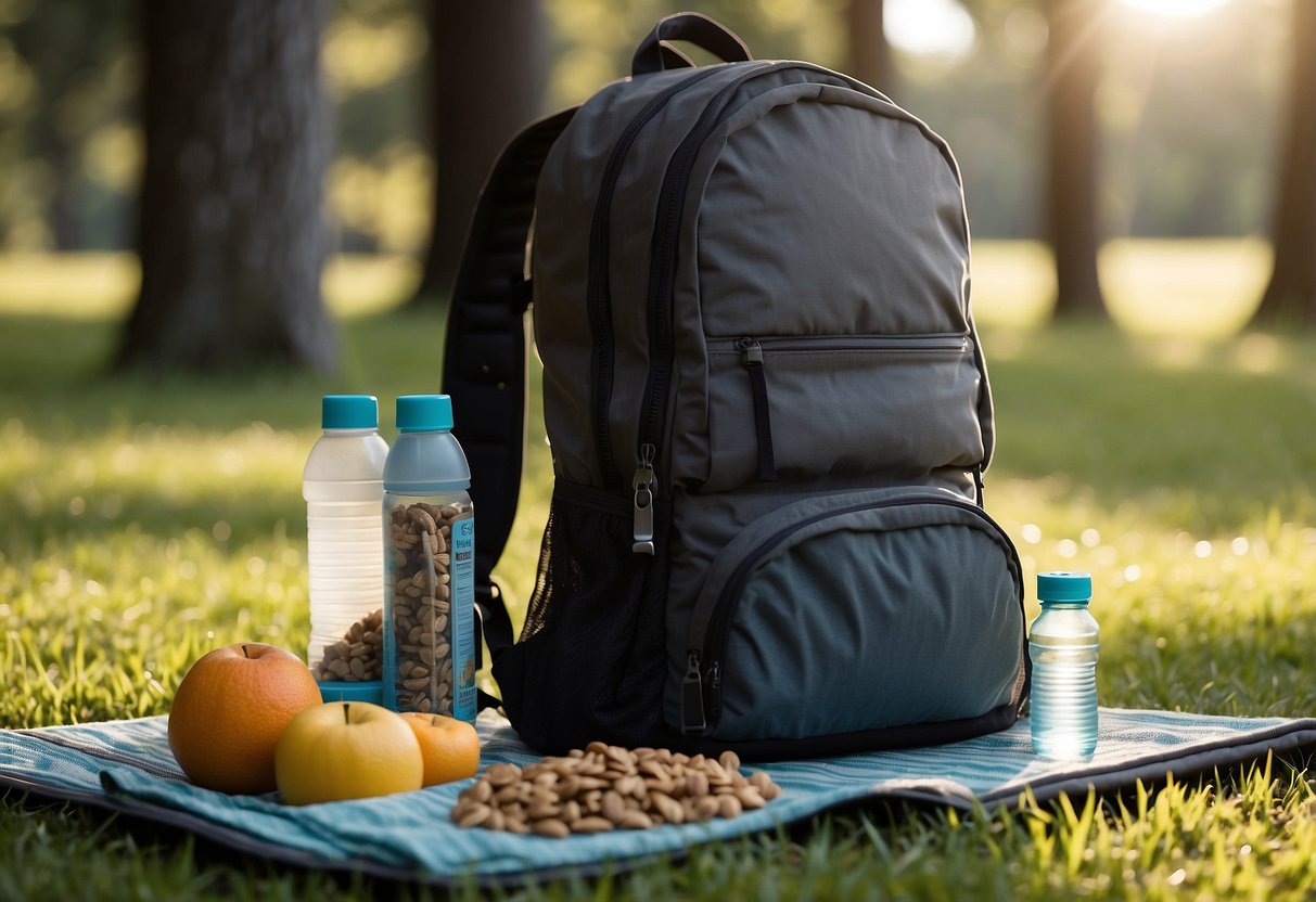 A backpack filled with granola bars, trail mix, and fruit sits next to a rolled-up yoga mat and water bottle on a grassy field. Sunshine filters through the trees, creating dappled shadows